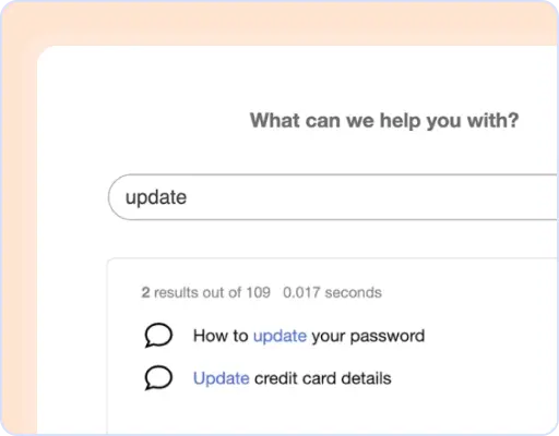 Helpfeel search interface displaying results like "How to update your password" in 0.017 seconds for the query "update".