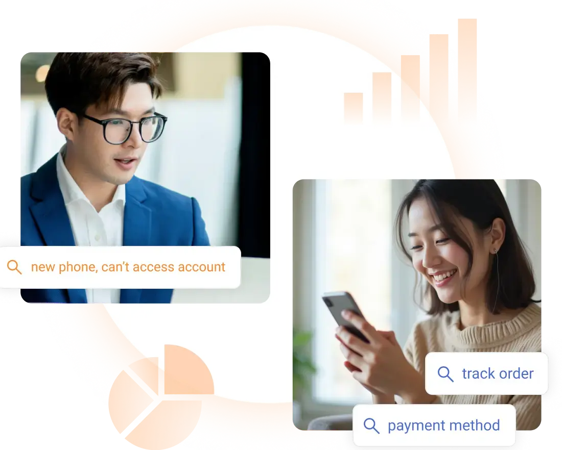 Businesspeople searching for “expense claims” and smiling women searching for “payment methods” and “delivery dates”